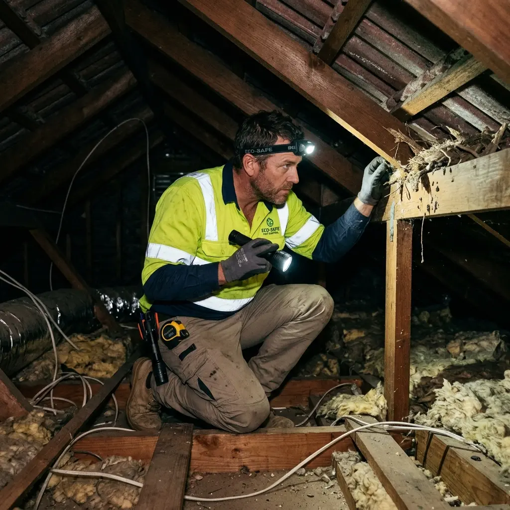 Technician inspecting a roof cavity for a dead animal in Hmas Cerberus