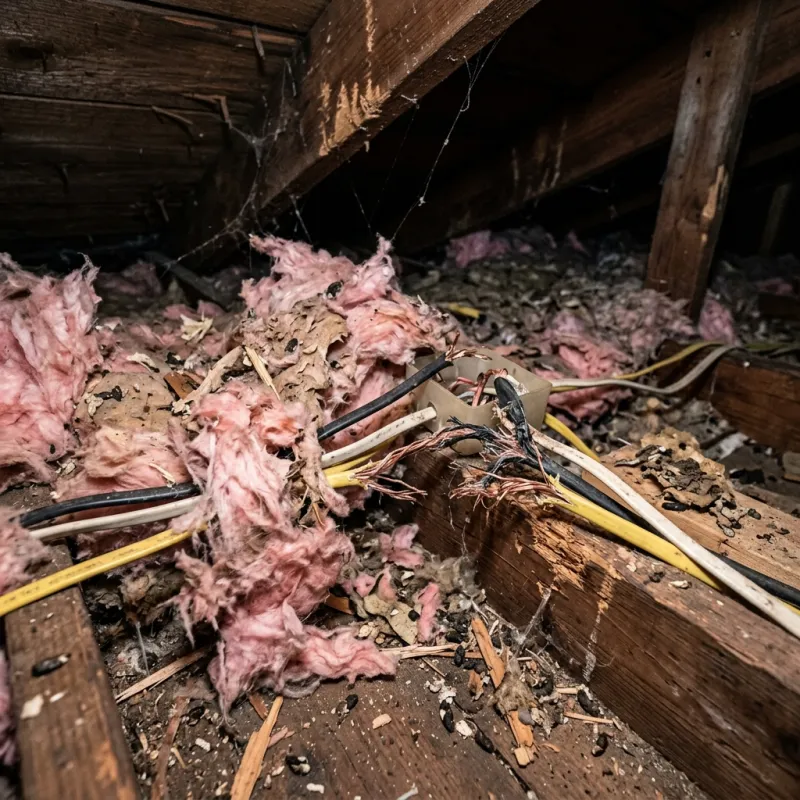 Contaminated ceiling insulation being assessed in a Hmas Cerberus roof space