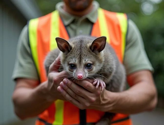 Animal handler safely recovering a deceased possum in Hmas Cerberus